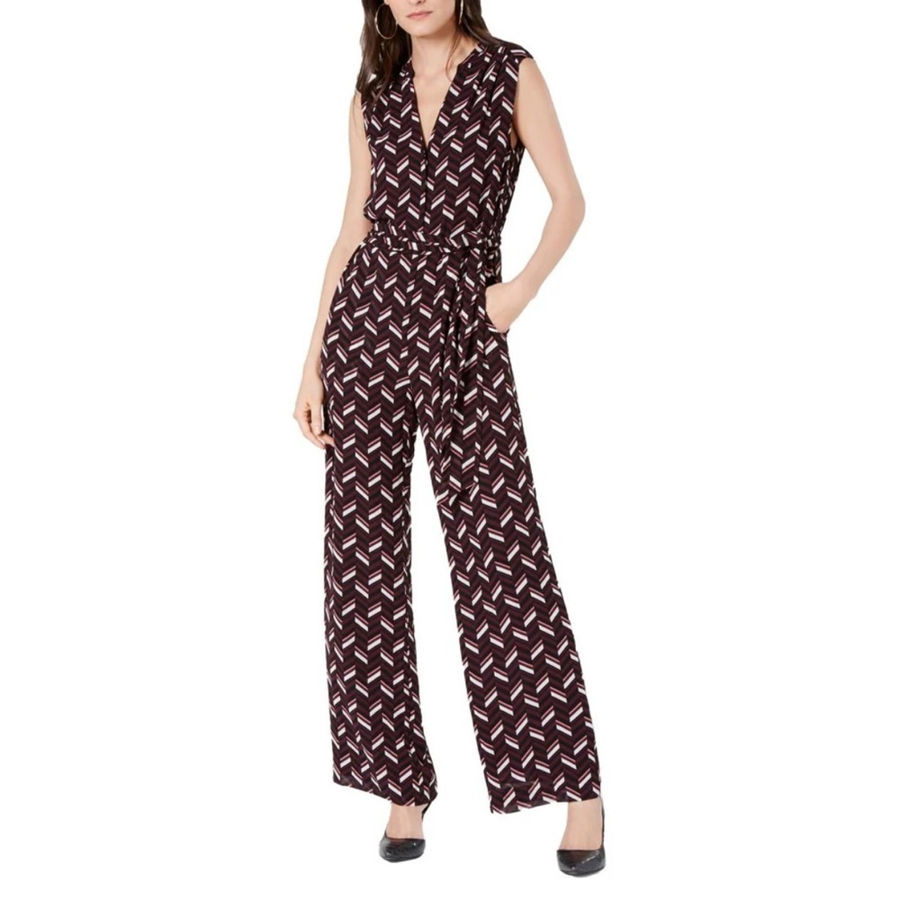 Michael Kors Sleeveless Wide-Leg V-neckline Geometric Print Jumpsuit - Picture 2 of 7